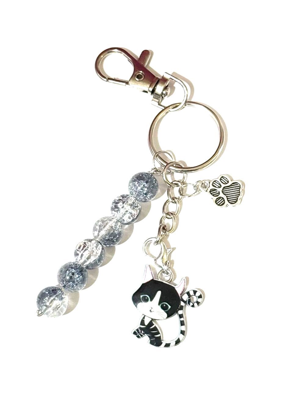 Cat Paw Charm Keychain/Bag Charm with Beaded Tassel - Black & Silver